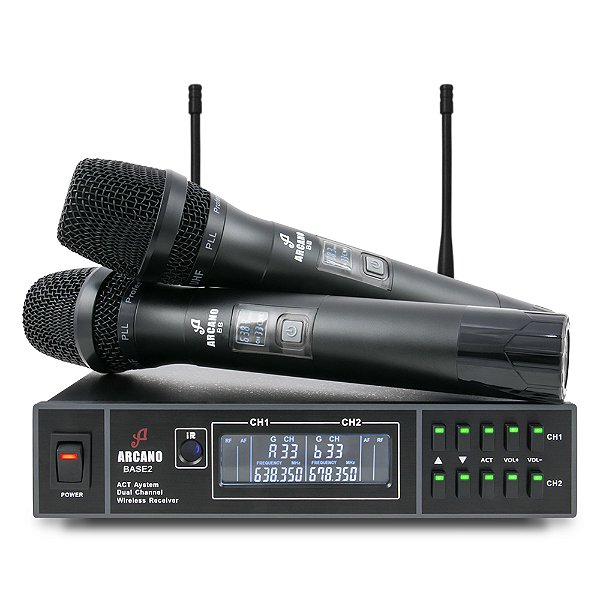KIT BB-2 - MICROFONE SEM FIO DUPLO ARCANO ACOMPANHADO DE BASE RECEPTORA E FONTE BI-VOLT, ANTENAS