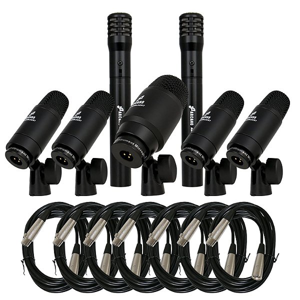 Kit de microfones para bateria Arcano AM-PENBLACK7 + 5 cabos XLR-XLR e 2 XLR-SXB