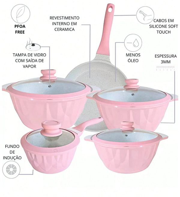 Conjunto de Panela de Cerâmica Antiaderente Premium, 5 Peças cor Rosa Claro e Bege Claro