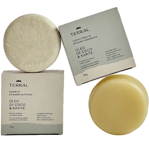 KIT SHAMPOO E CONDICIONADOR SÓLIDO RESTAURAÇÃO  ÓLEO DE COCO E KARITÉ