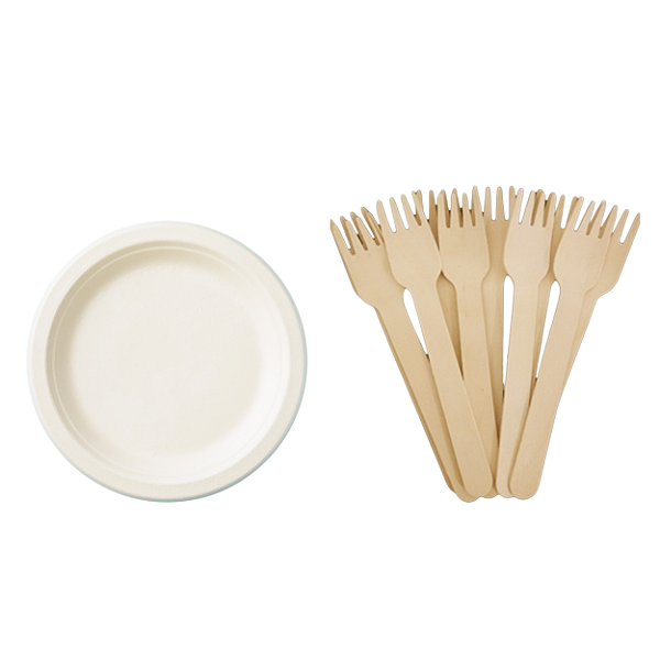 KIT DUO PRATO DE BAGAÇO DE CANA E GARFOS DE MADEIRA