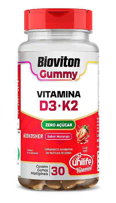 Vitamina D3 + Vitamina K2 Bioviton - Sabor Morango - 30 Gomas Mastigáveis