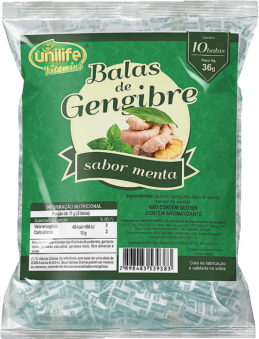 Bala de gengibre com menta - Caixa com 30 pacotes de 36 gr.