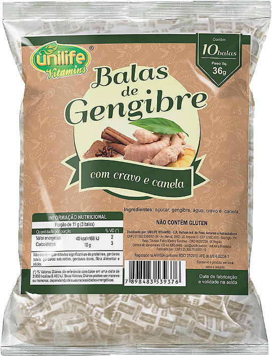 Bala de gengibre com cravo e canela - Caixa com 30 pacotes de 36 gr.