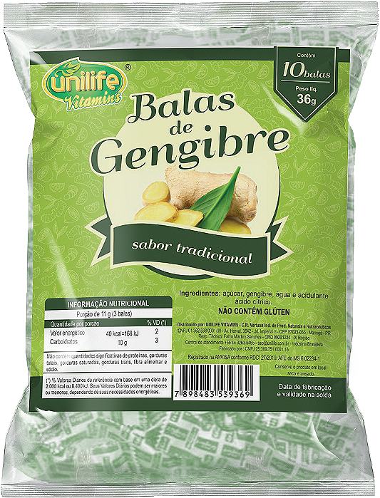 Bala de gengibre tradicional - Caixa com 30 pacotes de 36 gr.