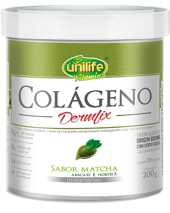 Colágeno hidrolisado em pó - Dermfix - Sabor matchá - Abacaxi com hortelã