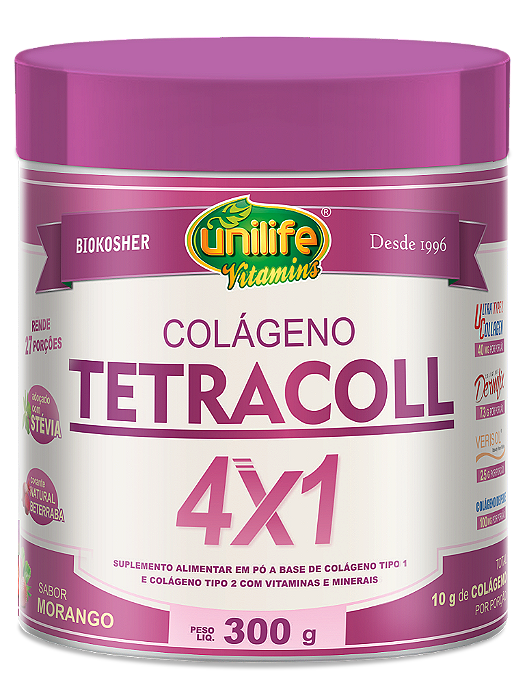 Colágeno Tetracoll 4 x 1 em pó - Sabor morango 300 g