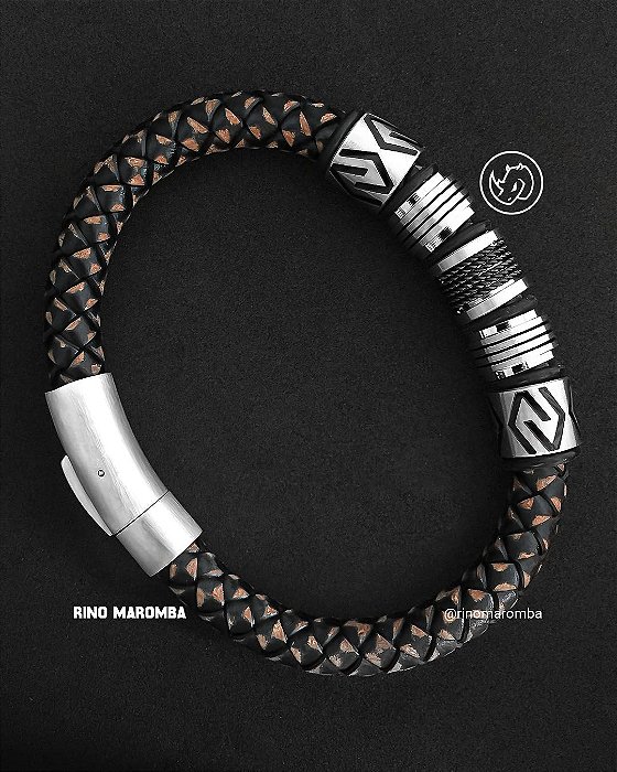 Pulseira masculina couro legítimo em aço inoxidável