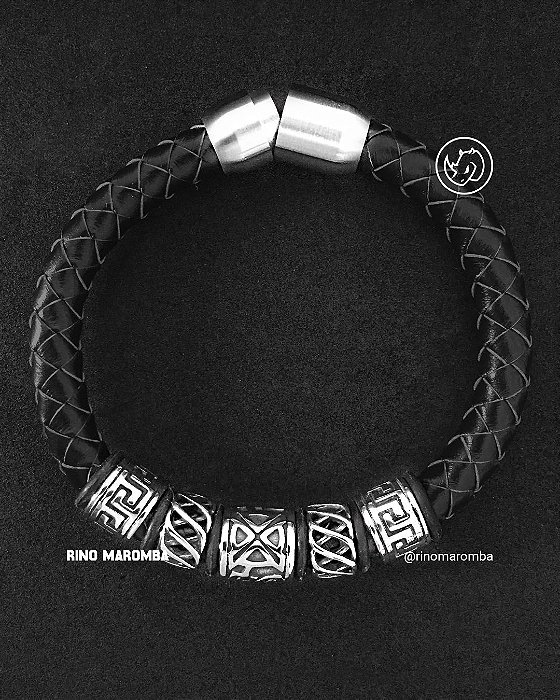 Pulseira masculina viking couro black em aço inoxidável