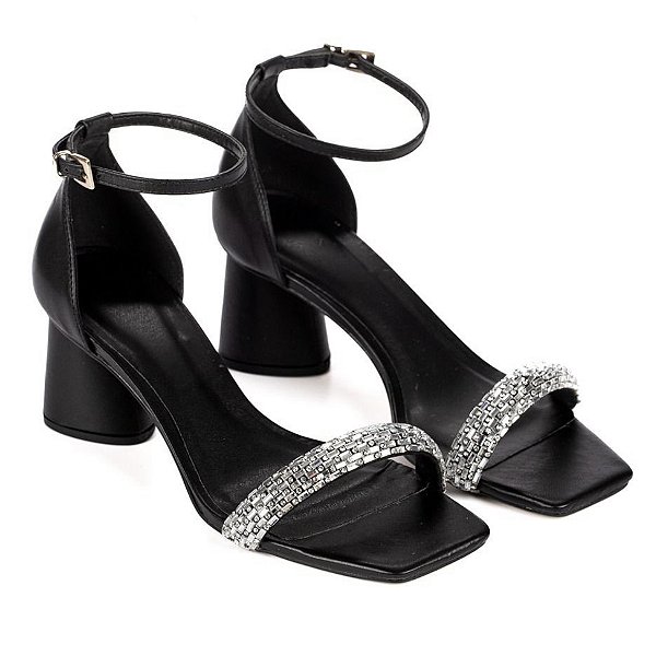 Sandália preta salto oval brilho