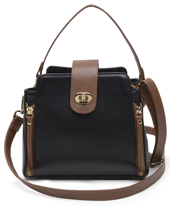 Bolsa bicolor couro caramelo e preto