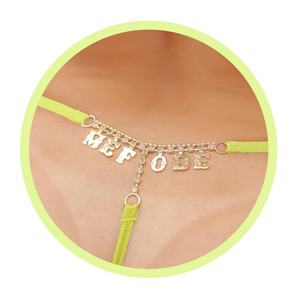 CALCINHA FIO NEON COM STRASS ME FODE AMARELO NEON