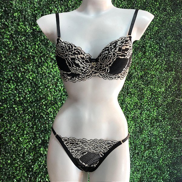 CONJUNTO LINGERIE NOIR ELEGANCE- PRETA COM BEGE