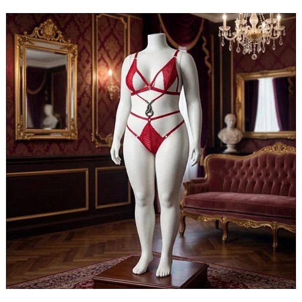 BODY LEIDE PLUS SIZE RENDA COM HARNESS E PINGENTE