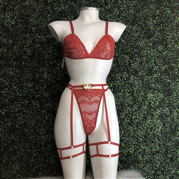 CONJUNTO LARISSA 3 PEÇAS RENDA METALIZADA COM ARGOLA CORAÇÃO DOURADA