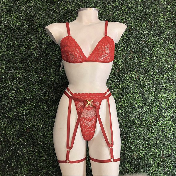CONJUNTO ISABELA 3 PEÇAS RENDA COM FIVELA DOURADA E LIGAS