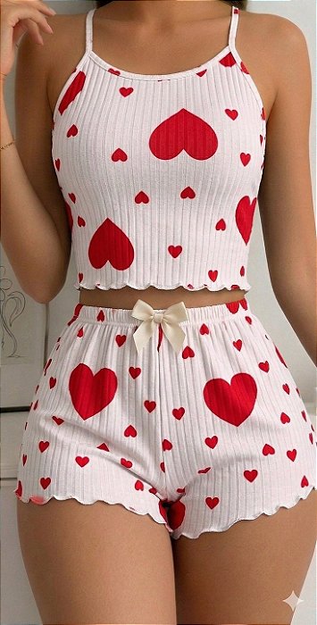 CONJUNTO PIJAMA YASMIN CROPPED E SHORT CORAÇÕES