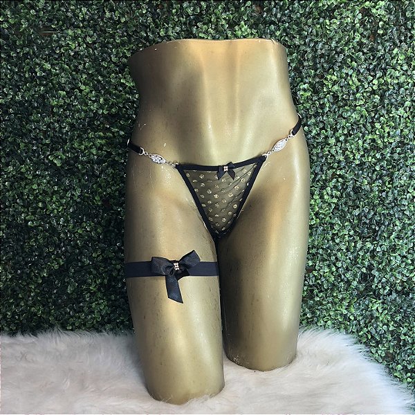CALCINHA FIO DENTAL LUXO PRETA TULE COM STRASS E PINGENTES LATERAL