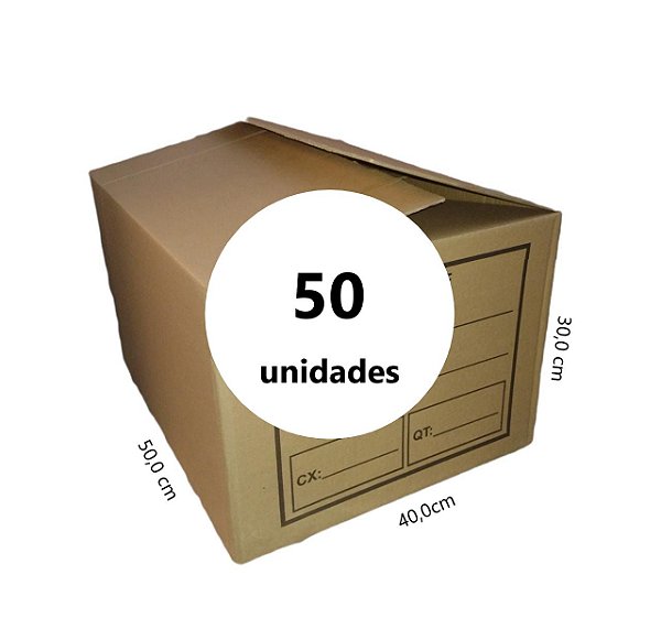 Caixa de Papelão Tipo Normal Abas Transpassadas - C:50,0cm L:40,0cm A:30,0cm – Onda Simples - Pacote com 50 Unidades