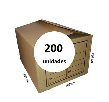 Caixa de Papelão Tipo Normal Abas Transpassadas - C:50,0cm L:40,0cm A:30,0cm – Onda Simples- Pacote com 200 Unidades