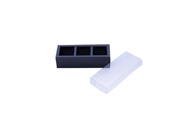 Caixa 3 doces Tampa Acetato 14,7x5,5x4 Preto com 10 unidades Pacbox Embalagens