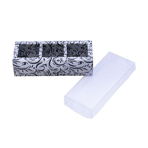 Caixa 3 doces Tampa Acetato 14,7x5,5x4 Arabesco Prata com 10 unidades Pacbox Embalagens