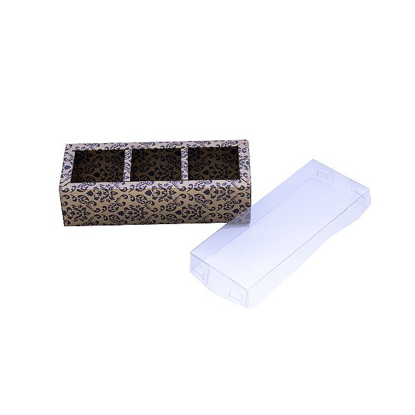 Caixa 3 doces Tampa Acetato 14,7x5,5x4 Arabesco Dourado com 10 unidades Pacbox Embalagens
