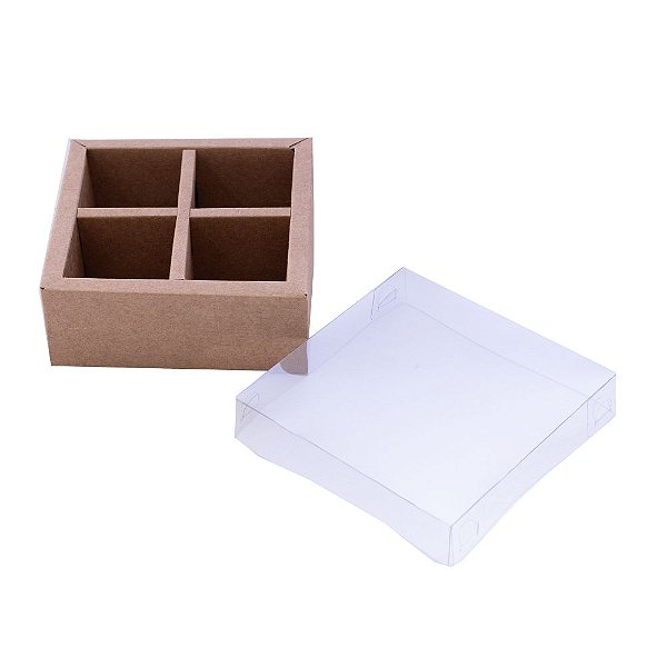 Caixa 4 doces 10x10x4 Tampa de Acetato kraft 10 unidades Pacbox Embalagens