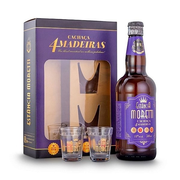 Kit Cachaça Estância Moretti 4 Madeiras 500ml c/ 2 Copos