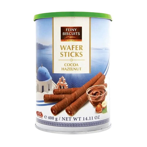 Canudos de Wafer Creme de Cacau e Avelã Feiny Biscuits Lata 400g