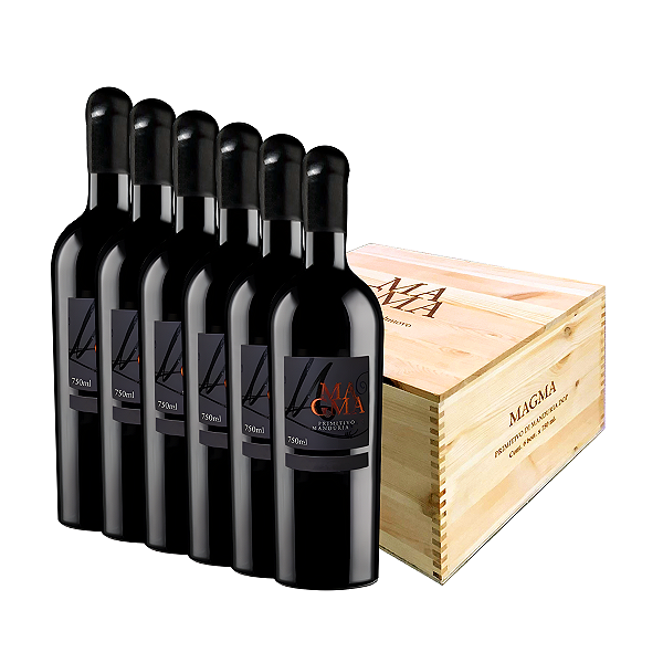 Kit com 06 Vinho Tinto Meio Seco Magma Primitivo Di Manduria DOP 750ml + Caixa de Madeira