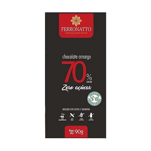 Chocolate Amargo 70% Cacau Zero Açucar Ferronatto 90g