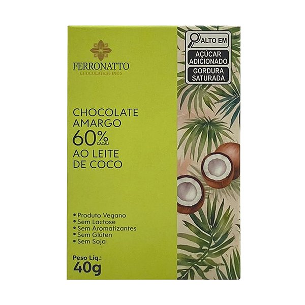 Chocolate Amargo 60% Cacau ao Leite de Coco Ferronatto 40g