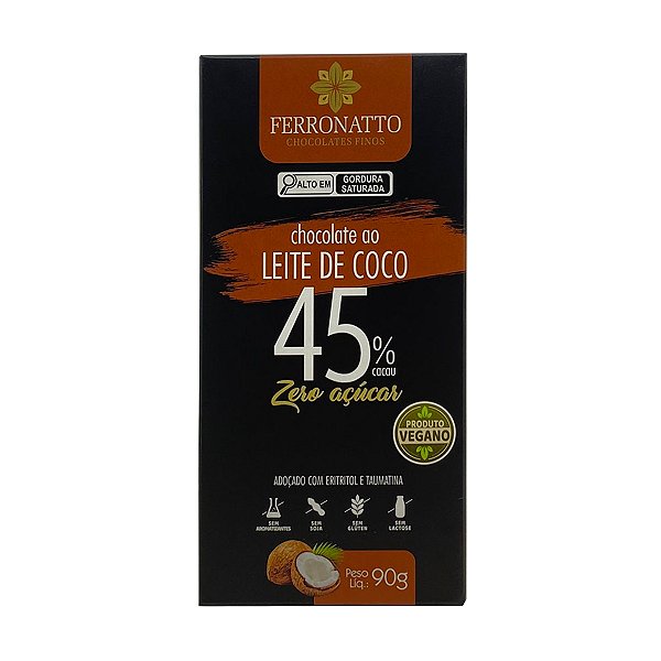 Chocolate 45% Cacau ao Leite de Coco Zero Açucar Ferronatto 90g