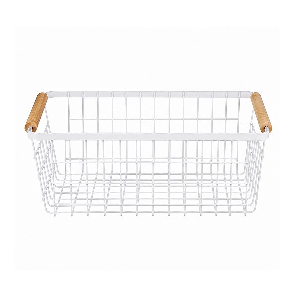 Cesto Retangular Branco de Metal com Alça de Bambu 29x18,5x11,5cm