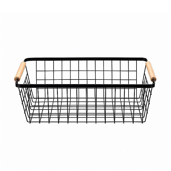 Cesto Retangular Preto de Metal com Alça de Bambu 29x18,5x11,5cm