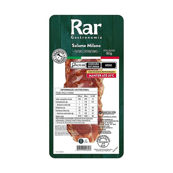 Salame Milano Fatiado Rar 80g