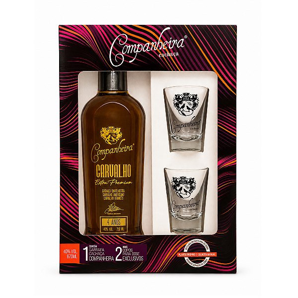 Kit Cachaça Companheira Extra Premium Carvalho 750ml + 2 Copos Para Dose