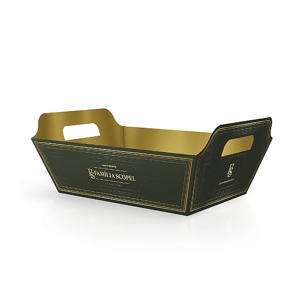 Cesta Família Scopel caixa verde e dourada com celofane e laço - ideal para 06 a 12 itens