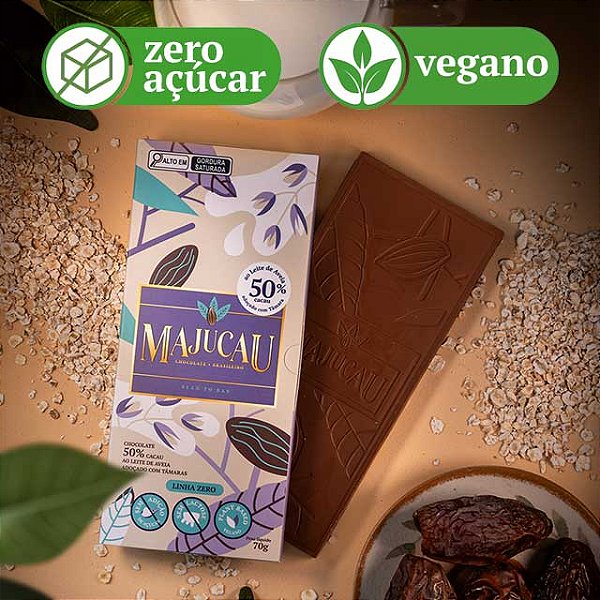 Chocolate Vegano ao Leite de Aveia 50% cacau Adoçado com Tâmara - Zero Açúcar | 70g
