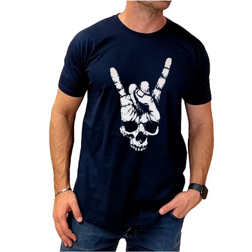 Camiseta Caveira Mão Rock Azul Marinho Manga Curta Unissex