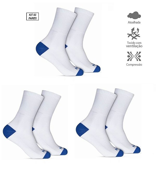 KIT MEIAS HOAHI SPORT BRANCA CANO ALTO MASCULINA 3 PARES
