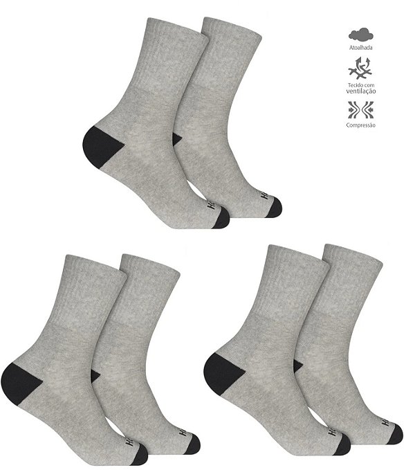 KIT MEIAS HOAHI SPORT CANO ALTO MASCULINA 3 PARES CINZA
