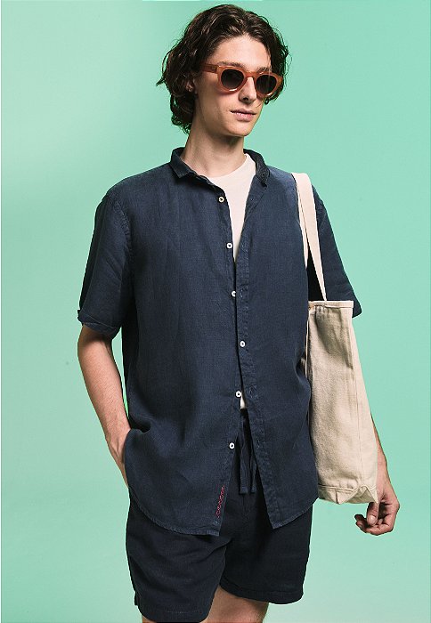 CAMISA LINHO STONE NAVY MANGA CURTA