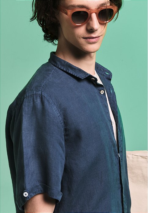 CAMISA LINHO STONE NAVY MANGA CURTA