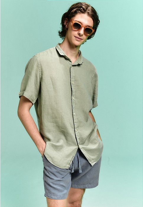 CAMISA LINHO MC STONE WASH VERDE PISTACHE