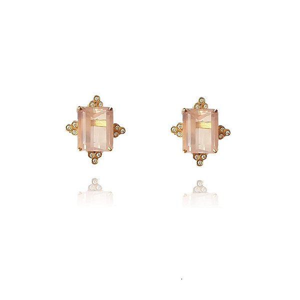 Brinco Gemas do Brasil - Quartzo Rosa Octogonal e Diamantes
