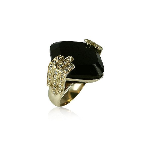 Anel Scudo Com Ágata Negra e Diamantes