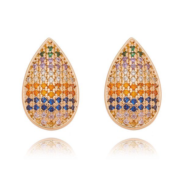 Brinco gota com zircônias folheado a ouro 18k