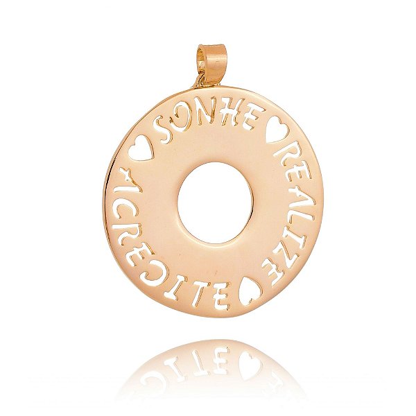 Pingente mandala sonhe, realize e acredite folheado a ouro 18k